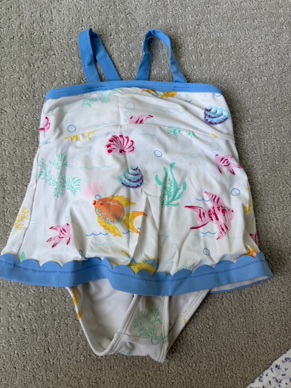 The Beaufort Bonnet Company Girls White and Blue Tankini with Yellow Floral Tag